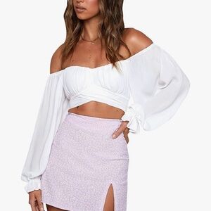 LYANER Off Shoulder Crop Top L White Ruched Long Sleeve Tie Back Blouse